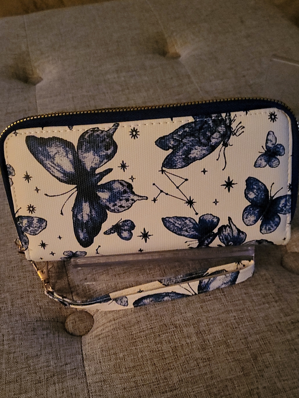 Blue Butterfly Print Zip-Around Wristlet Wallet 8" X 4"